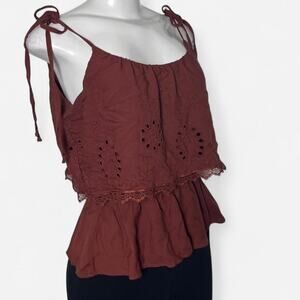 Brown tank top boho prairie size small earthy mocha ruffle fairy layered lace